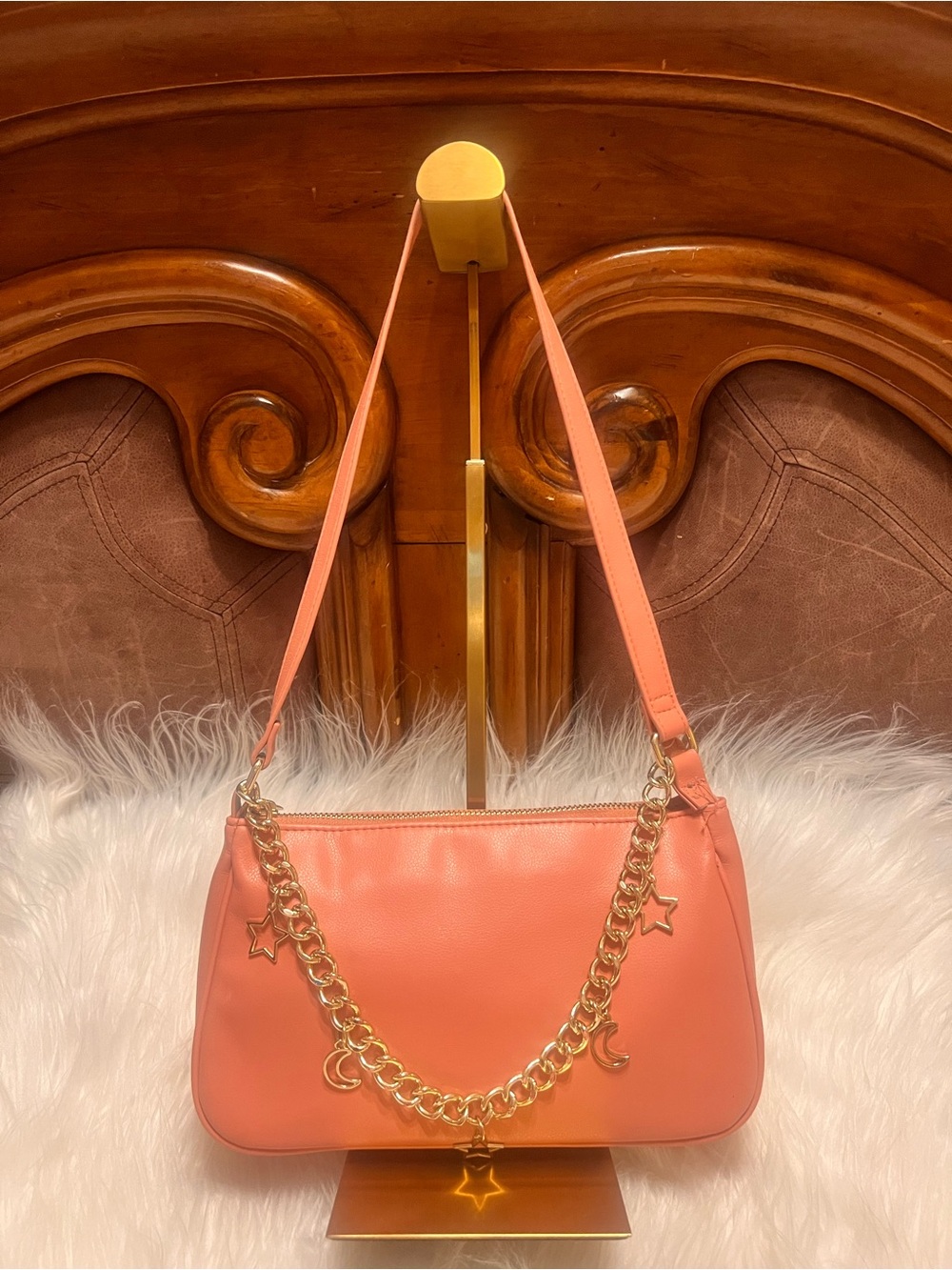 wild fable Coral Shoulder Bag with Gold Star & Moon Charm Chain